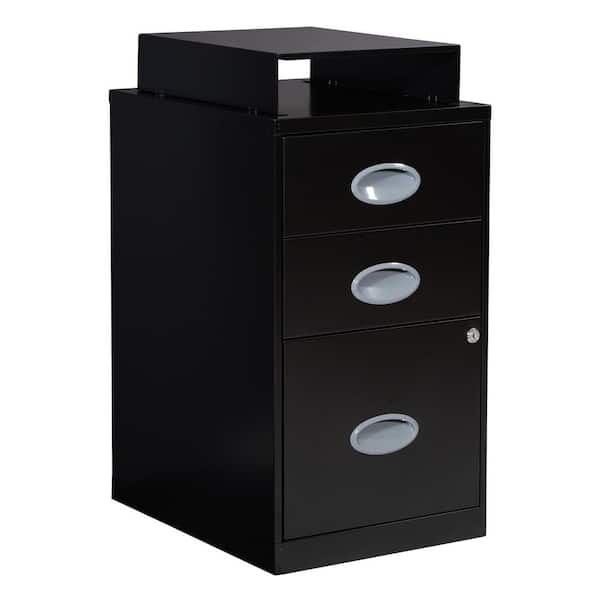 OSP Home Furnishings 3 Drawer Black Metal 14.25 in. Locking Vertical File Cabinet with Top Shelf