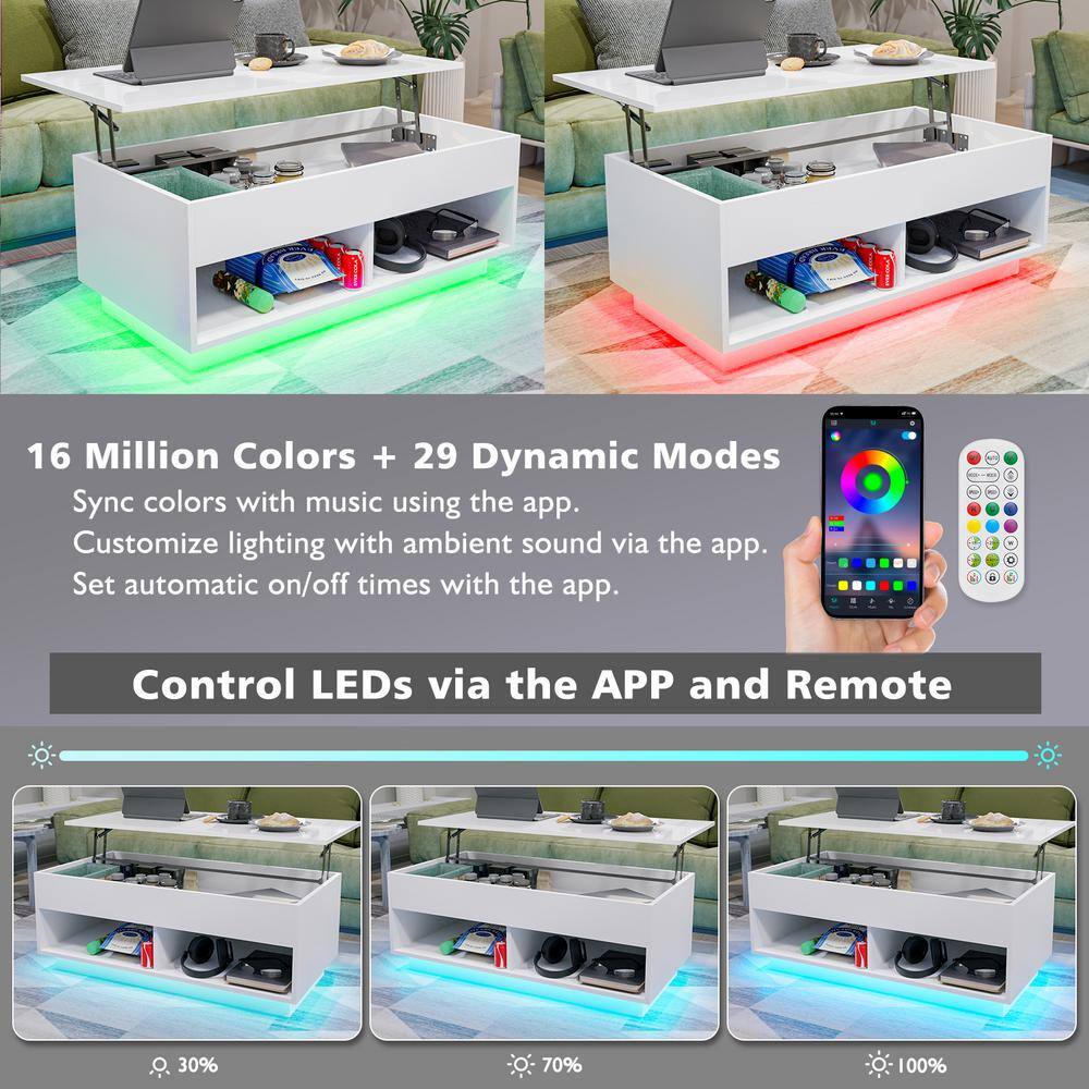 40" White Particle Board Lift-Top Coffee Table with LED Lights