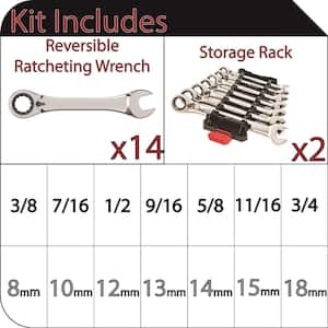SAE/MM Reverse Ratcheting Combo Wrench Set (14-Piece)
