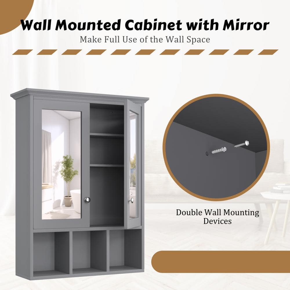 Gray MDF Oversized Bathroom Medicine Cabinet with Mirrors and Adjustable Shelves