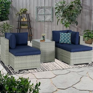 5-Piece Light-Gray Outdoor Patio Wicker Conversation Set with Navy Blue Cushions (Set of 5)
