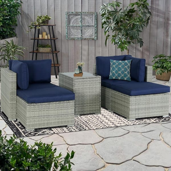 JUSKYS 5-Piece Light-Gray Outdoor Patio Wicker Conversation Set with Navy Blue Cushions (Set of 5)