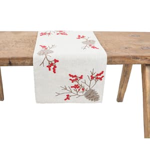 15 in. x 70 in. Christmas Pine Cone Crewel Embroidered Table Runner, Natural