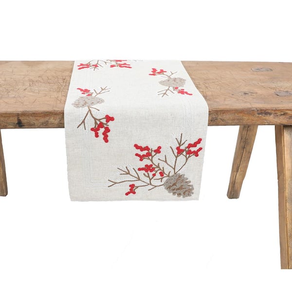Manor Luxe 16 in. x 36 in. Christmas Pine Cone Crewel Embroidered Table Runner, Natural