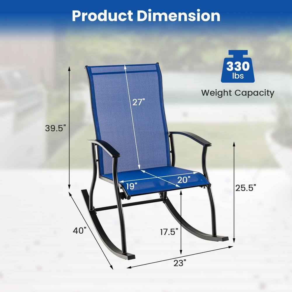 Diagram showing the dimensions of the blue metal rocking chair.