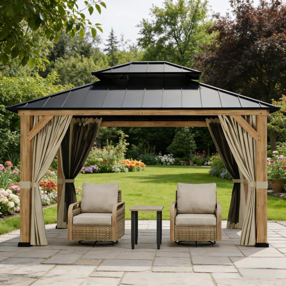 Shade Graphix 13 x 11 ft. Double-Roof Metal Hardtop Gazebo w/ Curtain and Privacy Net Galvanized 2-Tire Steel Top Cedar Wood Frame