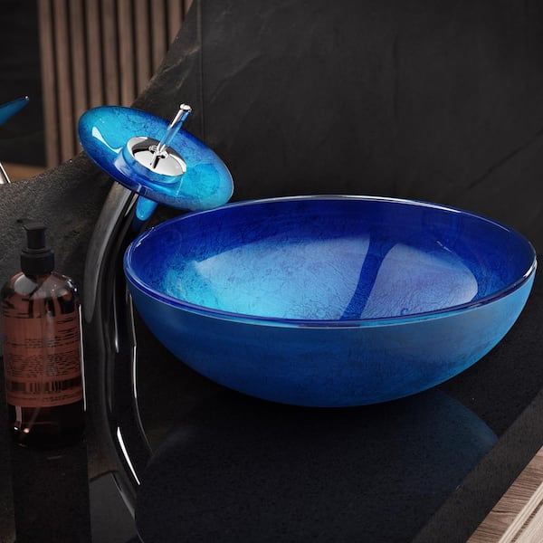 Swiss Madison Cascade Ocean Blue Glass Round Vessel Sink with Faucet