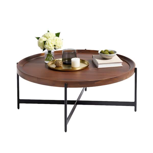 Alaterre Furniture Brookline  42 in. Solid Acacia Wood Round Coffee Table with Black Metal Legs, Rustic Industrial Living Room Furniture