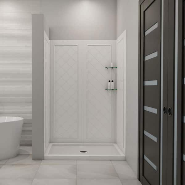 DreamLine Slimline 48 in. x 32 in. x 72 in. Single Threshold Shower Pan Base in White with Shower Back Walls