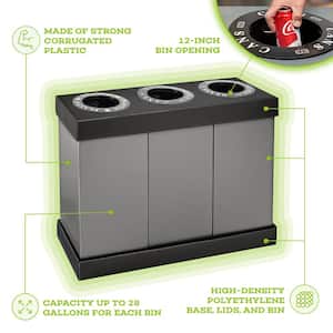 84 gal. Black Plastic 3-Stream Recycling Bin Station Trash Can, Plastic/Cans/Waste