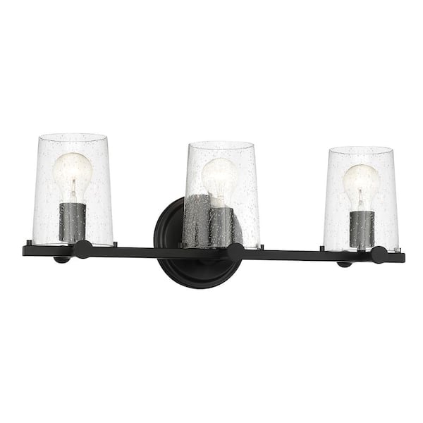 Designers Fountain Matteson 24.75 in. 3-Light Matte Black Industrial Vanity Light with Clear Seedy Glass Shades