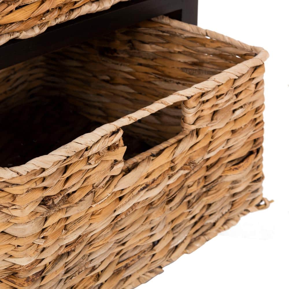 Transitional Brown Pine 3-Drawer Side Table with Woven Baskets