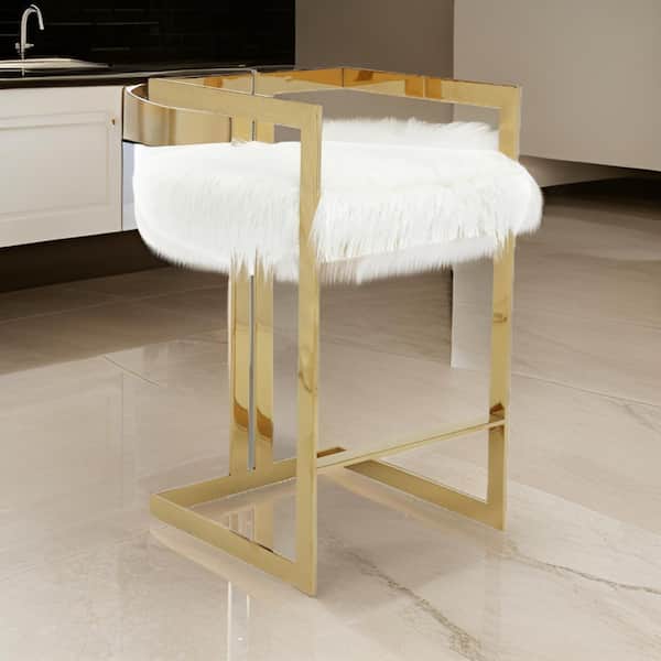 Benjara 29.5 in. Gold and White Low Back Metal Frame Bar Stool with Fabric Seat