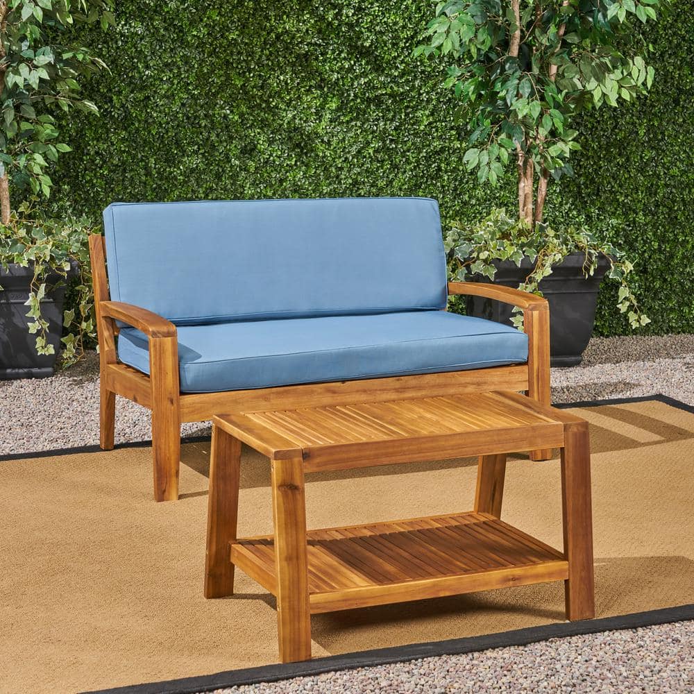 Grenada Teak Brown 2-Piece Wood Outdoor Patio Conversation Set with Blue Cushions price history on PriceWatchPro