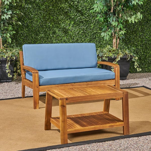 Grenada Teak Brown 2-Piece Wood Outdoor Patio Conversation Set with Blue Cushions