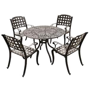 Brown 5-Piece Round Aluminum Mesh Outdoor Dining Set with 4-Chairs
