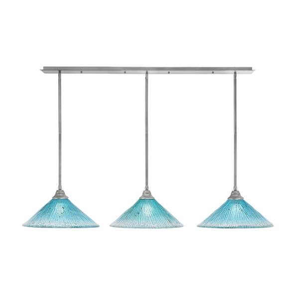 Unbranded Livingston 100-Watt 3 Light Brushed Nickel Linear Pendant Light with 16 in. Teal Crystal Glass Shades No Bulbs Included