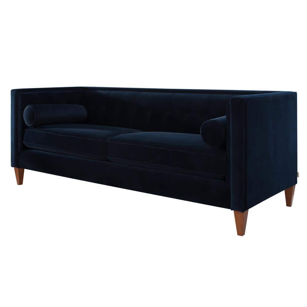 Dark Navy Blue Velvet Tufted Tuxedo Settee with Wood Legs