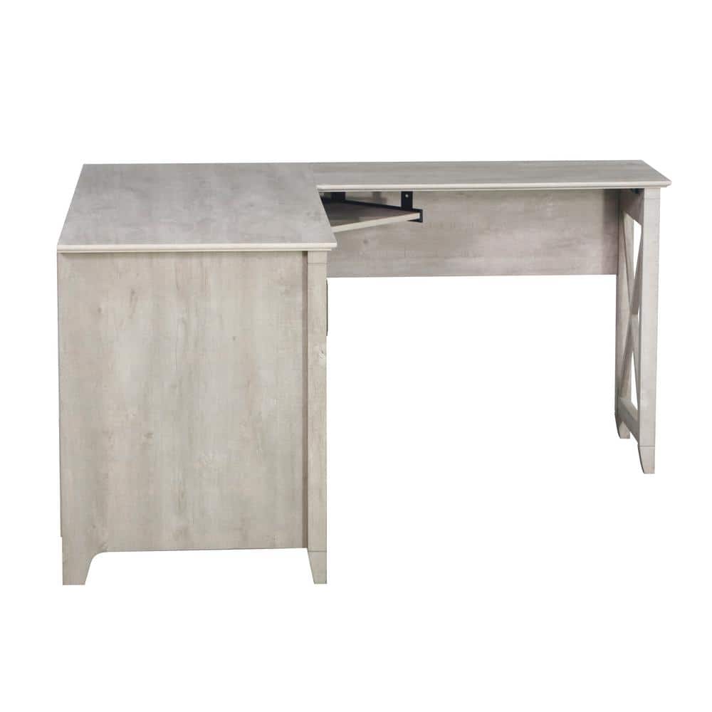 Washed Gray Wood Corner L-Desk with Keyboard Tray and Filing Cabinet