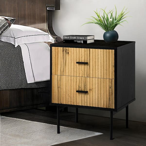 JAYDEN CREATION Orena 19.7 in. W x 15.7 in. D x 25.2 in. H 2-Drawer Black Nightstand with Metal Legs and Ample Storage Space