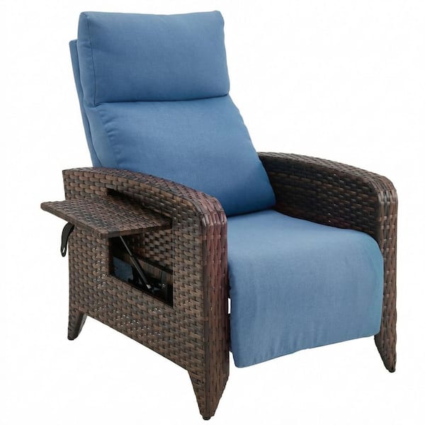 Brown Wicker Outdoor Recliner Chair with Blue Cushion for Patio, Garden, Backyard