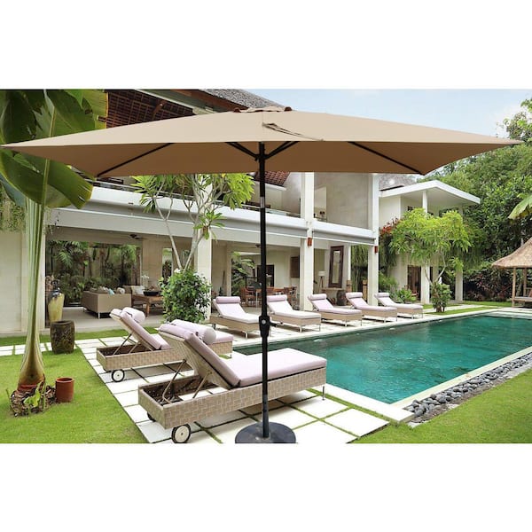 Unbranded 6 ft x 9 ft Outdoor Market Patio Umbrella with Crank and Button, Brown, For Garden and Backyard Pool