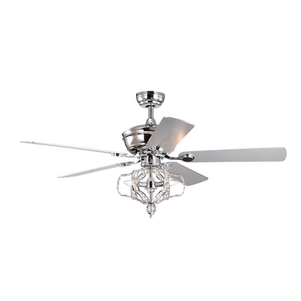 Jushua 52 in. Indoor Chrome Crystal Ceiling Fan with Lights Fandelier Chandelier Reversible Blades 3 Wind Speeds Remote Control