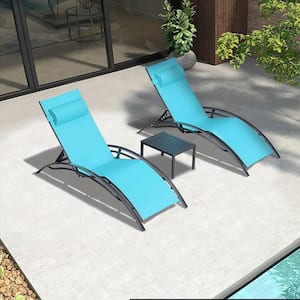 Patio Chaise Lounge Set Stainless Steel Outdoor Beach Pool Sunbathing Lawn Lounger Recliner Chair Side Table Included