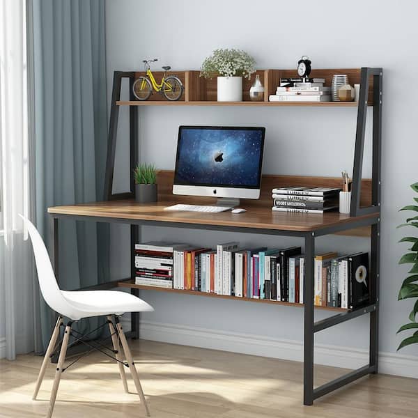 Harold 47 in. Rectangular Brown Wood Computer Desk with Hutch, Study Writing Table with Storage Shelf