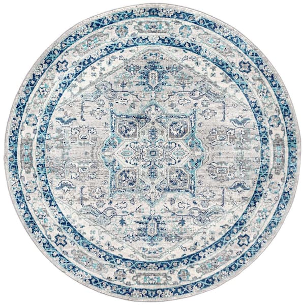 Modern Persian Vintage Medallion Light Grey/Blue 6 ft. 7 in. Round Area Rug