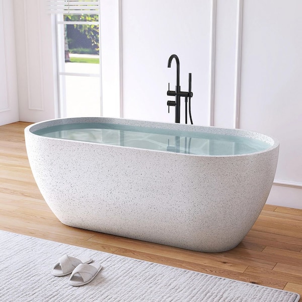 63 in. x 31 in. Terrazzo Stone Solid Surface Flatbottom Freestanding Soaking Bathtub in White (Outdoor-Compatible)