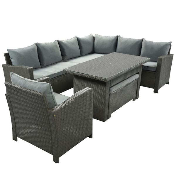 maocao hoom 6-Piece Gray Wicker Patio Conversation Set with Gray Cushions
