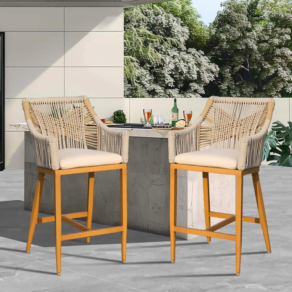 2-Piece Aluminum Outdoor Bar Stools with Beige Cushion, Adjustable Foot, Al