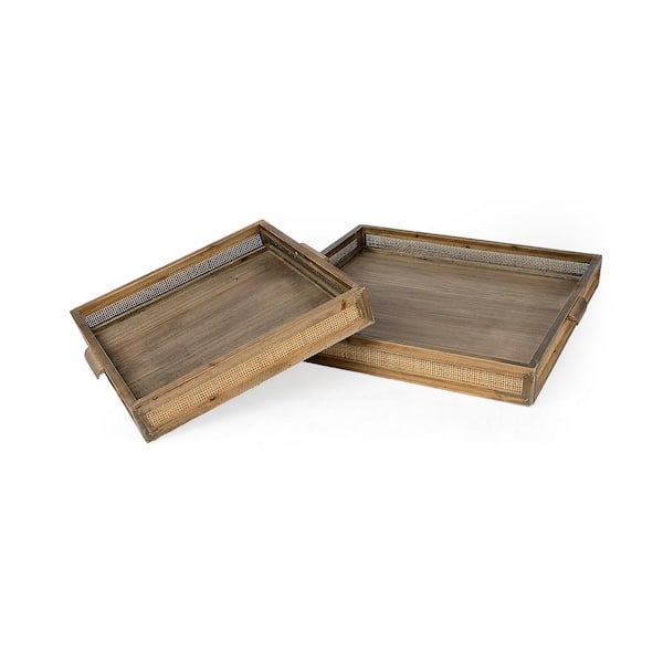Mercana Sonny 23.6 L x 23.6 W x 2.0 H Set of 2-Brown Wood and Wicker Square Trays