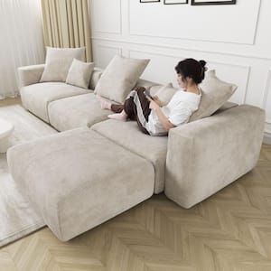 141.73 in. W Square Arm Corduroy Velvet L-Shaped Free Combination Sofa with Ottoman in Beige