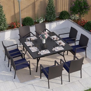 Black 9-Piece Metal Patio Outdoor Dining Set with Rectangle Extensible Table and Rattan Chair with Blue Cushion