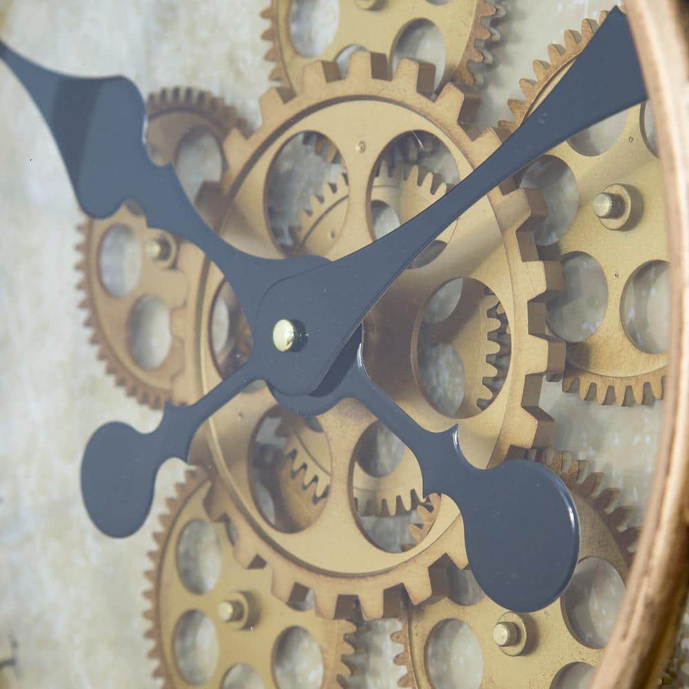 Gilded Gold Round Metal Gear Wall Clock with Roman Numerals