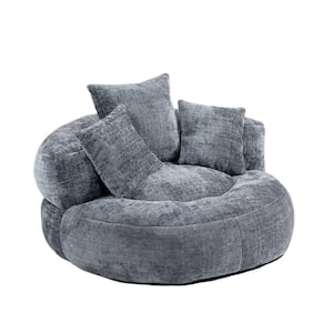 Modern Comfy Dark Grey Chenille Upholstery Bean Bag Round Accent Arm Chair