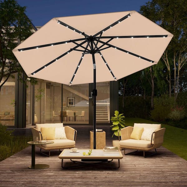 10 ft. Steel Solar-powered Round Outdoor Market Patio Umbrella with Crank in Beige