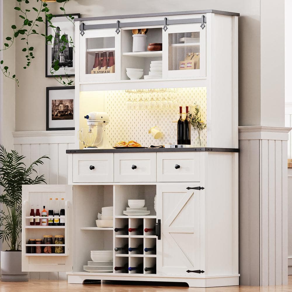 White Wood 47.3 in. Kitchen Island Bar Cabinet with Power Outlet and Hutch