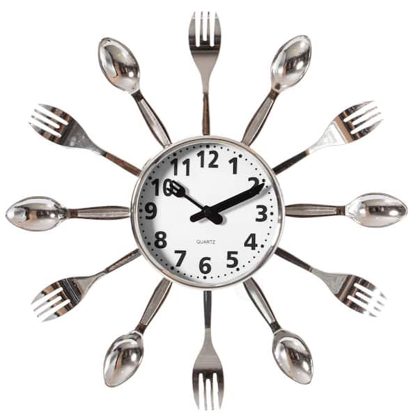 Silver Decorative 3D Cutlery Utensil Spoon and Fork Wall Clock for Kitchen, Playroom or Bedroom