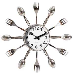 Silver Decorative 3D Cutlery Utensil Spoon and Fork Wall Clock for Kitchen, Playroom or Bedroom