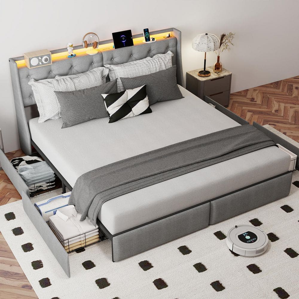 Gray Metal Frame King Size Platform Bed with Storage Upholstered Headboard, 4 Drawers, LED Light, Charging Station price history on PriceWatchPro