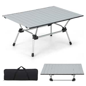 Folding Camping Table Collapsible Aluminum Roll Up Beach Table with Carrying Bag 4-Level Adjustable Height Silver