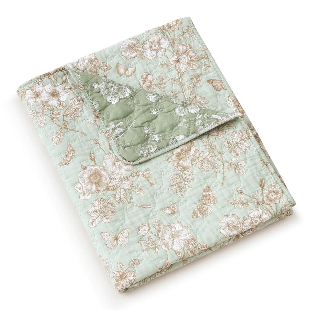 Olivia Mint Green Floral Cotton Reversible Throw Blanket