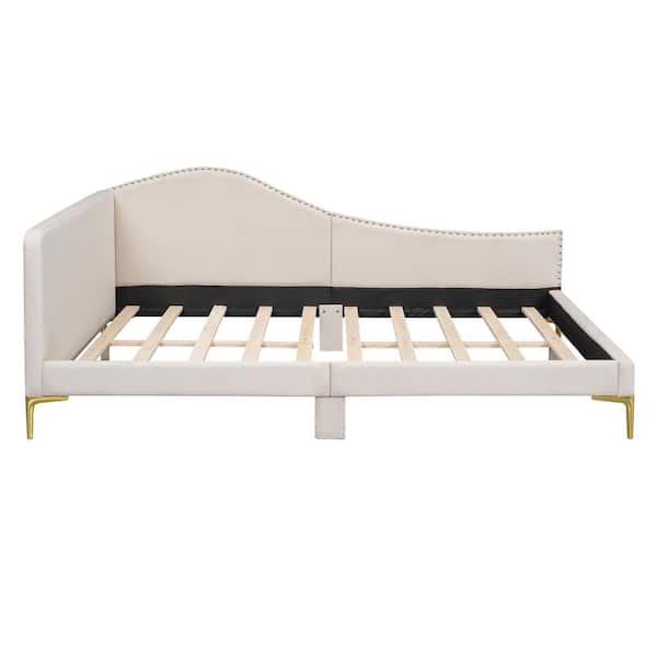 Harper & Bright Designs Beige Full Size Linen Upholstered Daybed with Headboard and Armrest, Support Legs