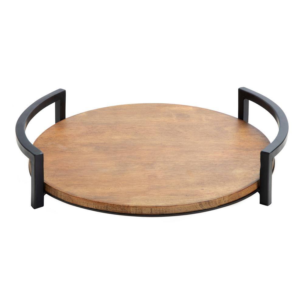 Rustic Brown Rubberwood Round Tray with Metal Handles