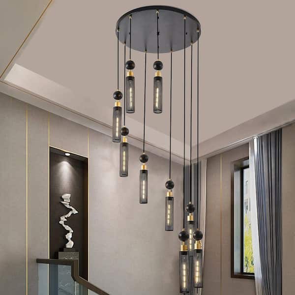 9 Light Black and Gold Pendant Chandelier for Living Room with Mesh Cylinder Shades(Bulb Not Included)