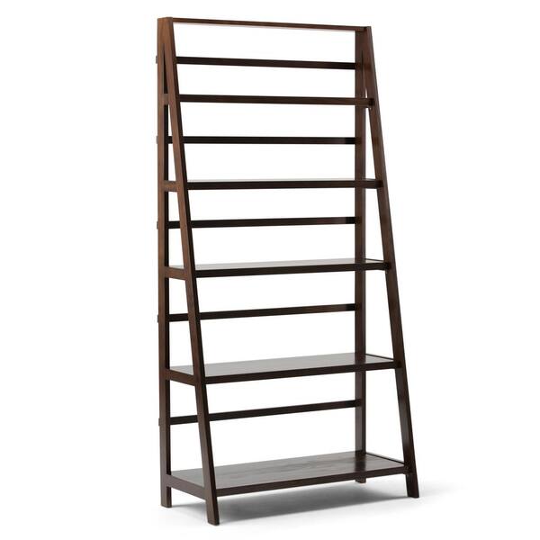 Simpli Home 72 in. Tobacco Brown Wood 5-shelf Ladder Bookcase with Open Back