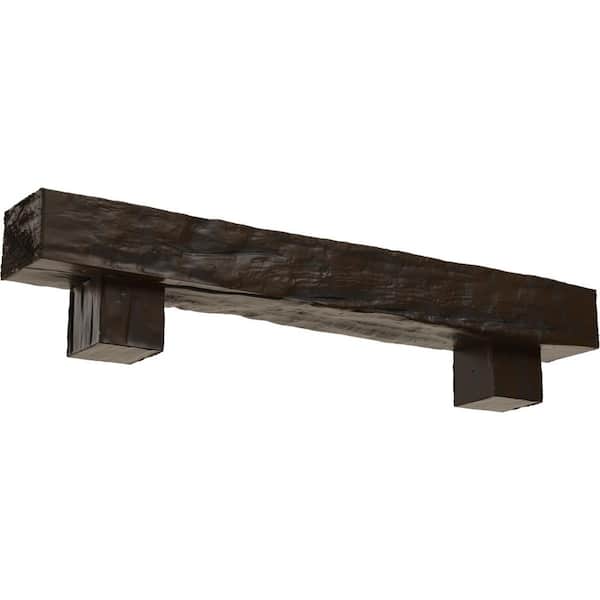 Ekena Millwork 6 in. x 8 in. x 5 ft. Riverwood Faux Wood Fireplace Mantel Kit, Alamo Corbels, Burnished Mahogany